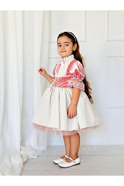 Hly Karol Tasarım Pudra Pembe Kadife Vintage Kız Bebek Elbise,Doğum günü elbi...