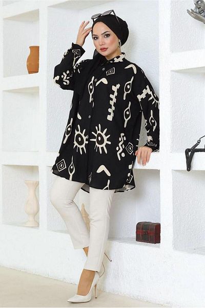 TRENDTESETTÜR Black Cotton Shirt Tunic - Women's, T 3600