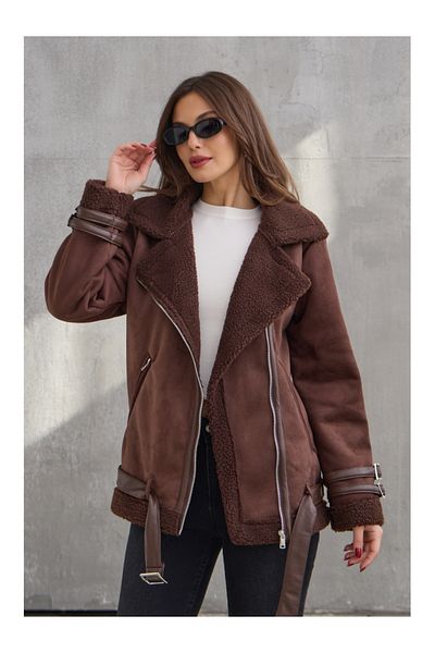 Elif Özbey Butik Горчиво кафяво кожено палто от набук с кожен колан