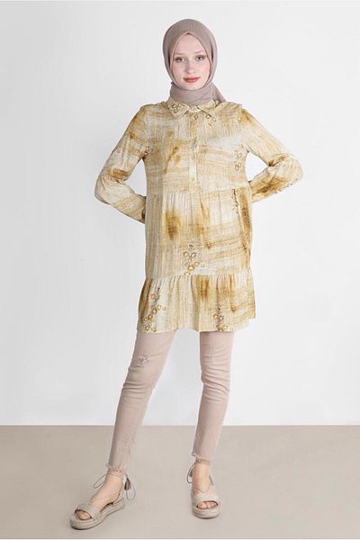 TRENDTESETTÜR Orange Tie-Dye Floral Print Women's Tunic - Hardal t 42666