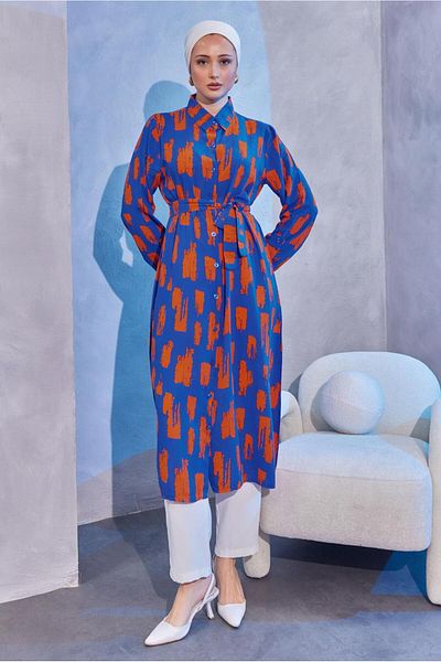 TRENDTESETTÜR WOMEN'S DARK BLUE (INDIGO-ORANGE) LONG TUNIC T 6104 WITH BELLOW PATTERN