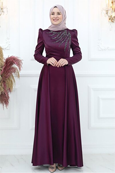 TRENDTESETTÜR Women's Plum Front Pleat Detailed Rhinestone Evening Dress T 3553