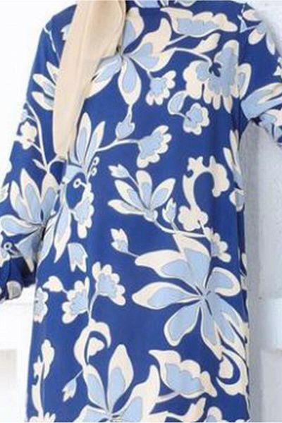 TRENDTESETTÜR Μπλε ναυτικό βισκόζη Hijab φόρεμα - Indigo Pattern T 3520