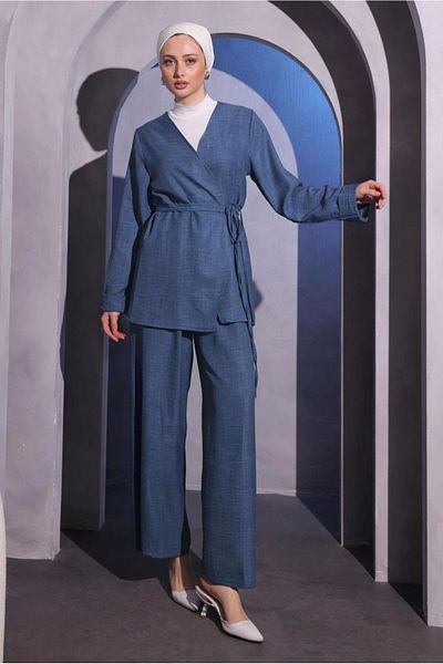 TRENDTESETTÜR Γυναικείο παντελόνι Navy Blue Indigo - Λεπτομέρεια σταυρού δεμένο T 3604