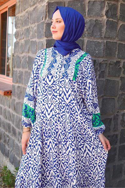 TRENDTESETTÜR Γυναικείο φόρεμα με μοτίβο Navy Blue Saks με βισκόζη - T 6645