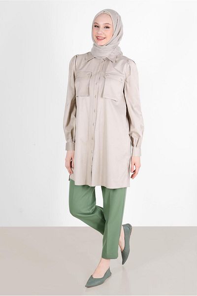 TRENDTESETTÜR Beige Tunic - Neck Button and Pocket, Model T 42639