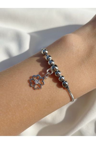 Eylülün Takısı Women's Silver Color Dangle Stone Clover Bead Bracelet