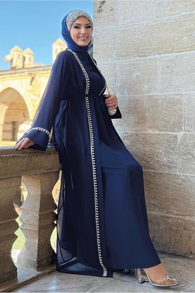 TRENDTESETTÜR WOMEN'S DARK BLUE BELLOWED ABAYA SUIT T 3948