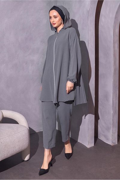 TRENDTESETTÜR Gray Hooded Women's Trousers Set - T 1214