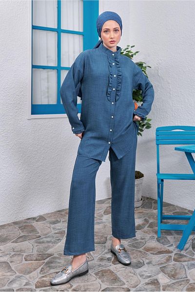 TRENDTESETTÜR ΓΥΝΑΙΚΕΙΟ ΣΕΤ ΣΚΟΥΡΟ ΜΠΛΕ (INDIGO) ΠΑΝΤΕΛΟΝΙ ΜΕ ΛΕΠΤΟΜΕΡΗ ΣΤΟΜΑΤΑ T 0383