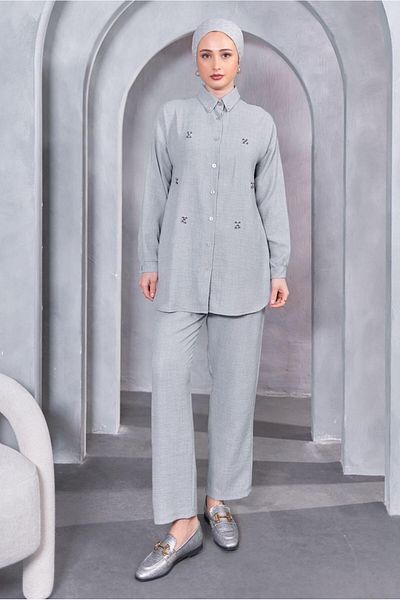 TRENDTESETTÜR بدلة بنطلون بأزرار رمادية للنساء T 1283