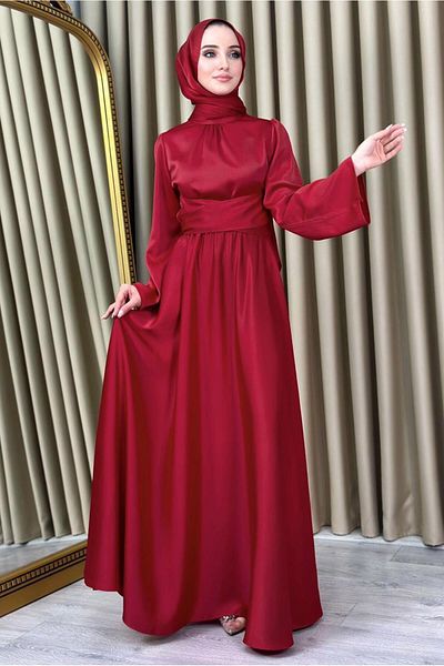 TRENDTESETTÜR Red Belted Hijab Evening Dress - T 5016