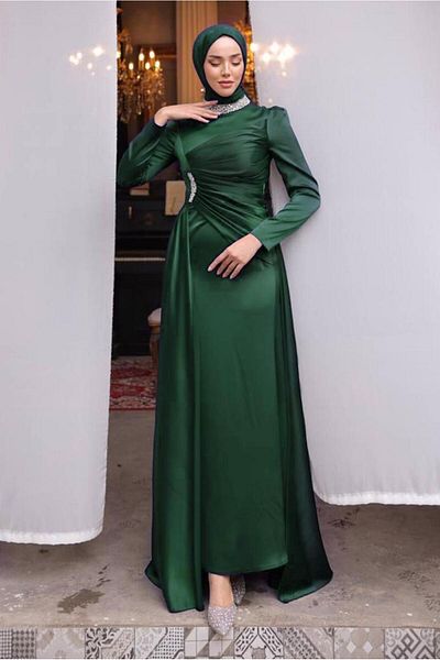TRENDTESETTÜR WOMEN'S GREEN (ZEMRUT) Rhinestone Satin GOWN DRESS T 7654