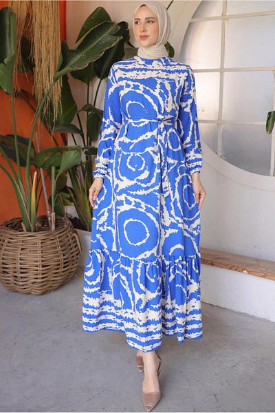 TRENDTESETTÜR Γυναικείο φόρεμα Navy Blue Saks με σχέδιο και ζώνη - T 81021