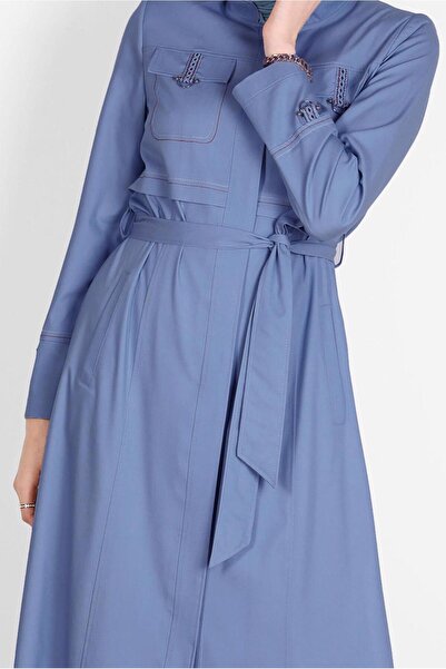 TRENDTESETTÜR Navy Blue Indigo Judge Collar Belted Women's Top Coat T 10571