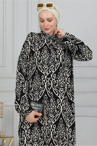 TRENDTESETTÜR Black Patterned Cotton Women's Shirt Tunic - T 2108