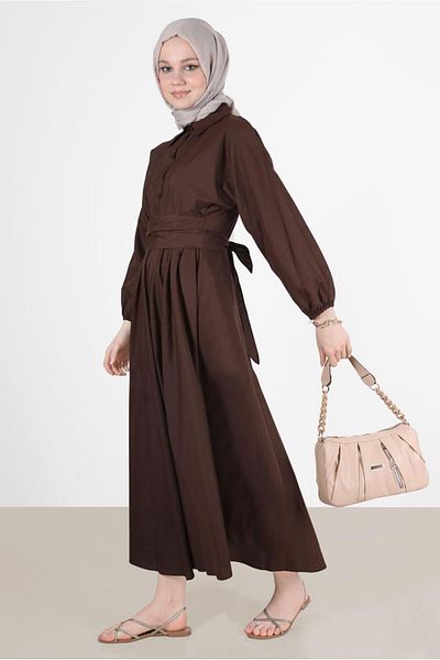 TRENDTESETTÜR Γυναικείο φόρεμα με καφέ κουμπιά με ζώνη 09005