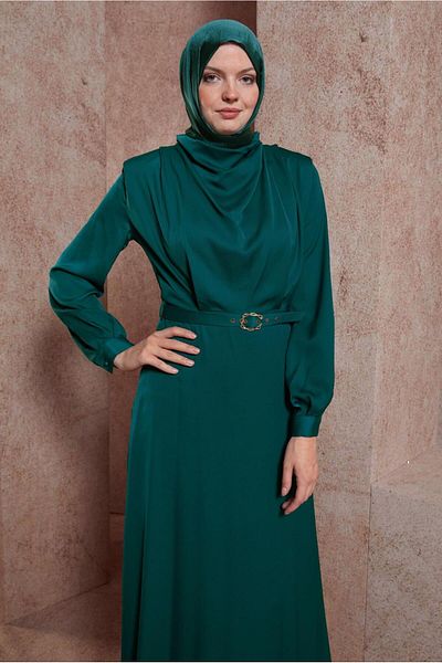 TRENDTESETTÜR Γυναικείο φόρεμα Hijab με πράσινη σατέν υφή - T 42648