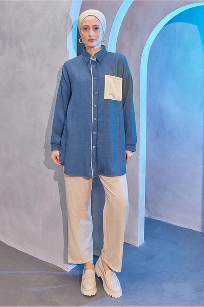 TRENDTESETTÜR Γυναικείο σετ Navy Indigo - Πουκάμισο γιακά και παντελόνι T 4004