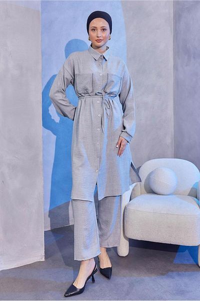 TRENDTESETTÜR Gray Linen Look Women's Set - With Trousers T 5304