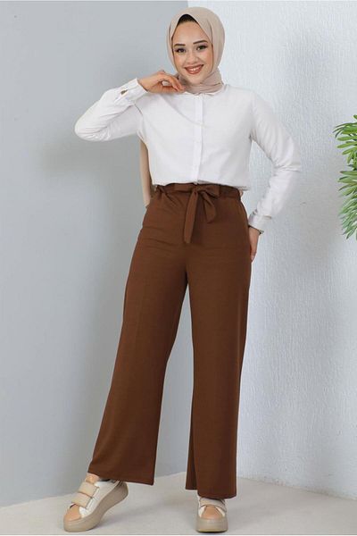 TRENDTESETTÜR Γυναικείο παντελόνι με φαρδύ πόδι σε καφέ χρώμα - T 0402