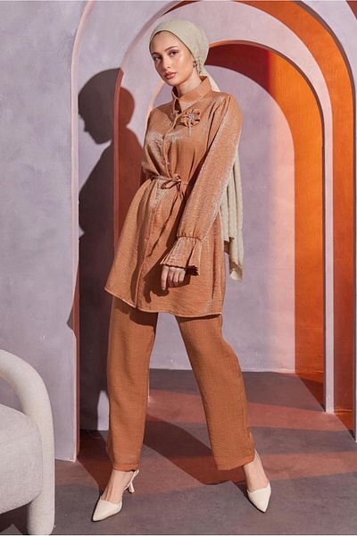 TRENDTESETTÜR WOMEN'S ORANGE (MANGO) BROSH DETAILED PANT SET T 1204