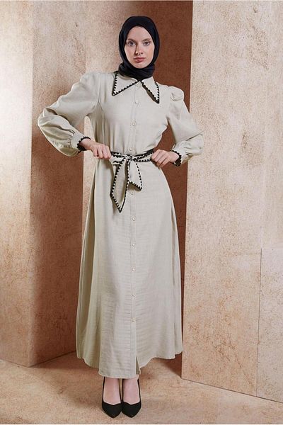 TRENDTESETTÜR Μπεζ ζωσμένο φόρεμα Hijab - Γυναικείο T 3791