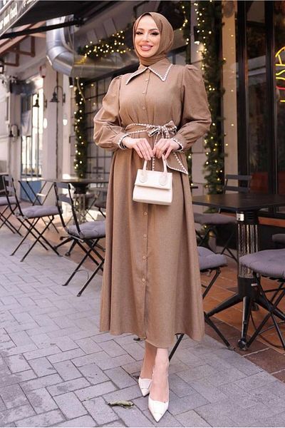 TRENDTESETTÜR Χρώμα καφέ Φόρεμα Hijab με ζώνη - T 3791
