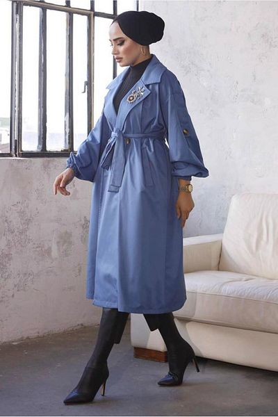 TRENDTESETTÜR Γυναικεία καμπαρντίνα Navy Blue Indigo Belted - T 9329