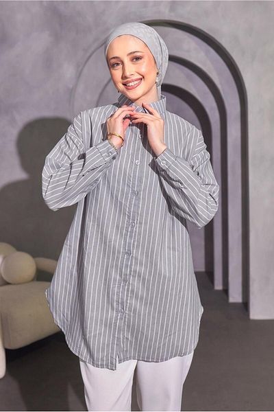 TRENDTESETTÜR GRAY STRIPED WOMEN'S SHIRT TUNIC - T 4414