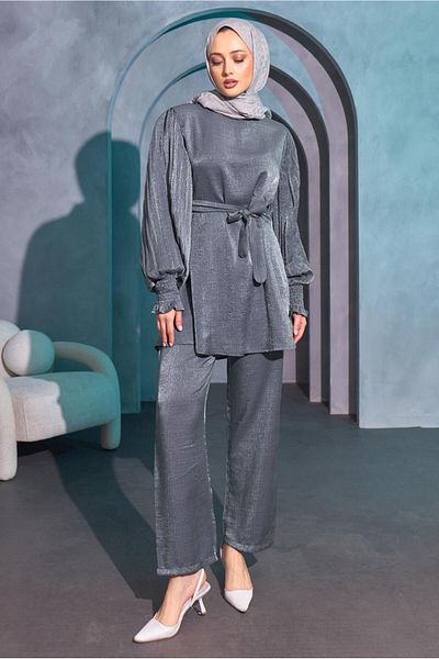 TRENDTESETTÜR Gray Belted Women's Trousers Set - T 3514