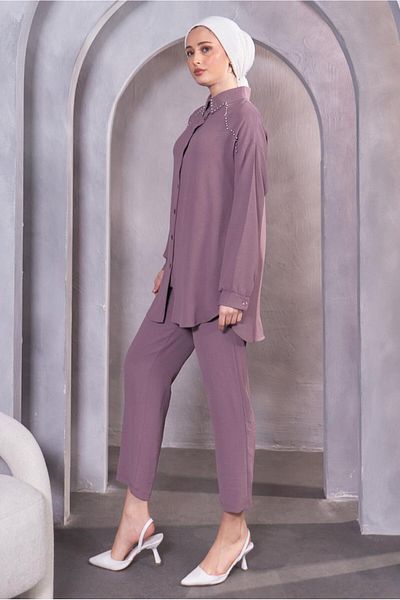 TRENDTESETTÜR WOMEN'S PURPLE (LILA) BEADED DETAILED PANT SUIT T 5093