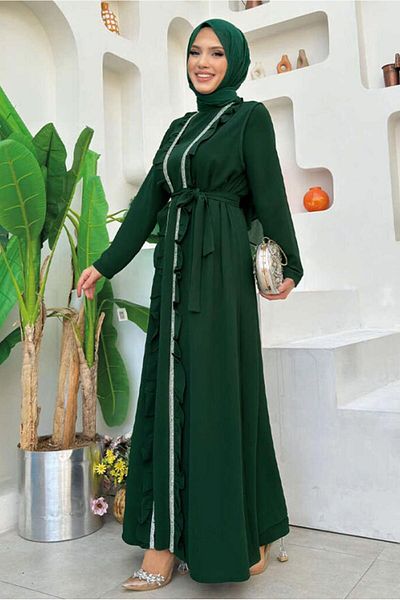 TRENDTESETTÜR WOMEN'S GREEN (ZEMRUT) BELLOWED Ruffled Dress Suit T 9848
