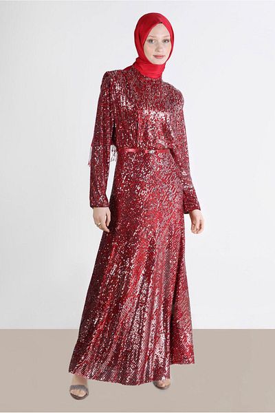 TRENDTESETTÜR Red Sequined Women's Evening Dress - t 50235