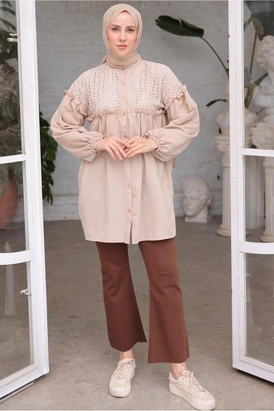 TRENDTESETTÜR WOMEN'S MINK BALLON SLEEVE SHIRT TUNIC T 8202