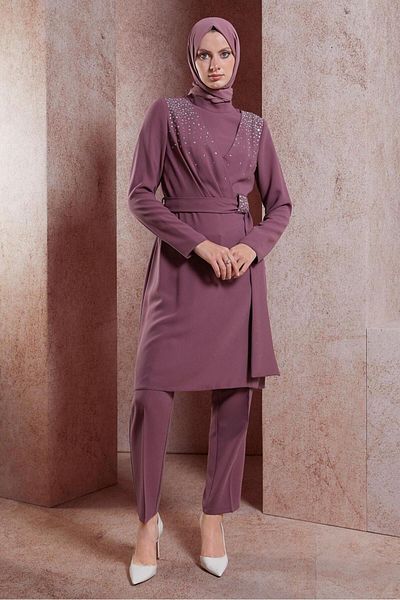 TRENDTESETTÜR Pink Stone Detailed Women's Set - Dried Rose Trousers T 30279