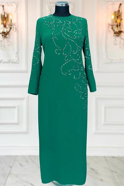TRENDTESETTÜR Γυναικείο βραδινό φόρεμα Green Stone Detailed Plus Size - T 3231