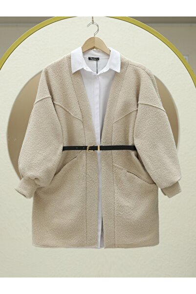 Modamorfo Pocketed Balloon Sleeve Oversize Boucle Jacket -Stone