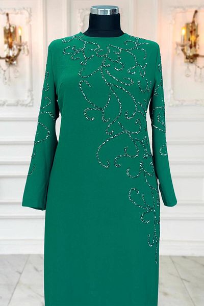 TRENDTESETTÜR Γυναικείο βραδινό φόρεμα Green Stone Detailed Plus Size - T 3231