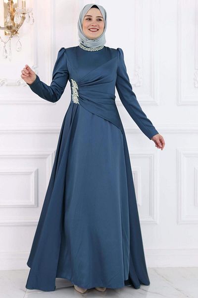 TRENDTESETTÜR Navy Blue Indigo Stone Detailed Women's Evening Dress - T 7853
