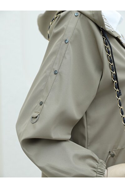 Modamorfo Metal Detaylı Fermuarlı Kapşonlu Trenckot -vizon