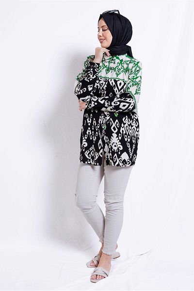 TRENDTESETTÜR Green Black Cotton Patterned Women's Tunic - T 3599