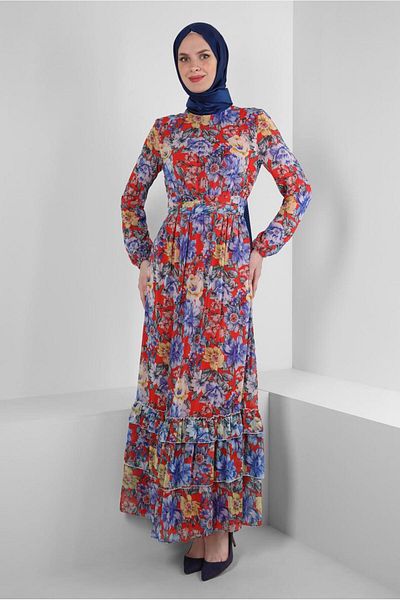 TRENDTESETTÜR Red Floral Patterned Women's Dress - 42913