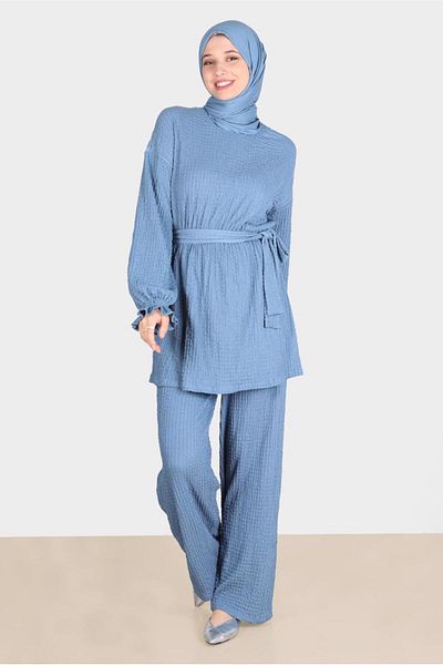 TRENDTESETTÜR Γυναικείο Σετ Παντελονιού Navy Blue Waffle Effect - T 42716