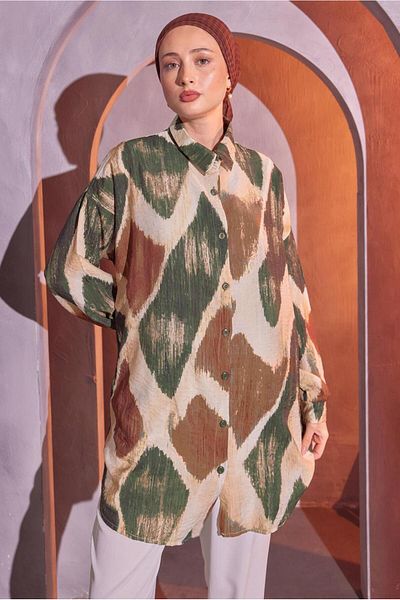 TRENDTESETTÜR Khaki Patterned Women's Shirt Tunic - T 1814