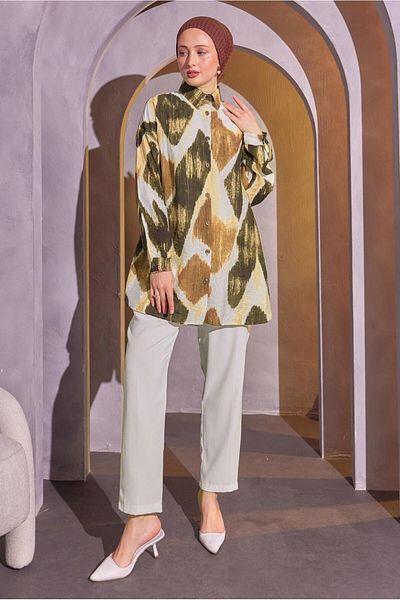 TRENDTESETTÜR Brown Patterned Women's Shirt Tunic - T 1814