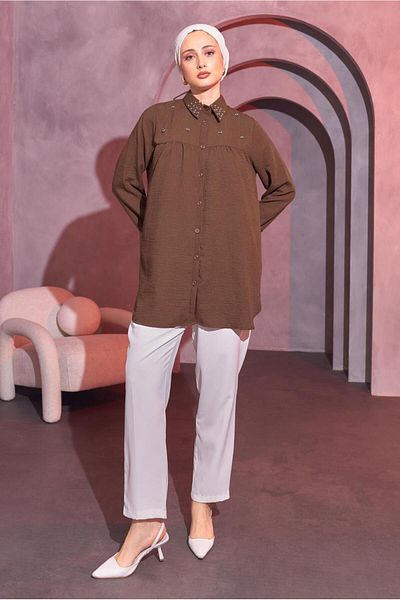 TRENDTESETTÜR Brown Bead Embroidered Women's Shirt Tunic - T 3314