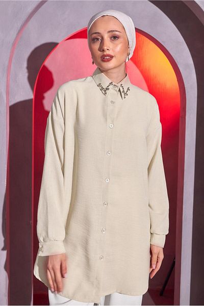 TRENDTESETTÜR Beige Shirt Tunic - Stone Detailed, Women, T 1314