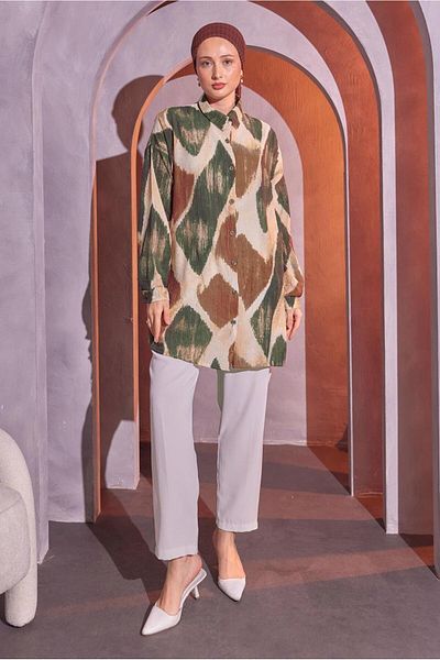 TRENDTESETTÜR Khaki Patterned Women's Shirt Tunic - T 1814