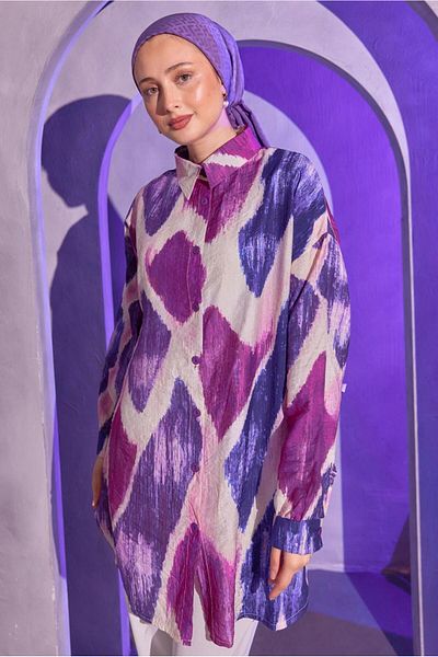 TRENDTESETTÜR Fuchsia Indigo Patterned Women's Shirt Tunic - T 1814